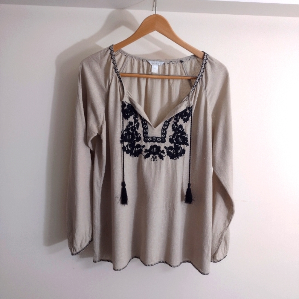 Garnet Hill Boho Tunic Brown with Black Floral Embroidery Silk